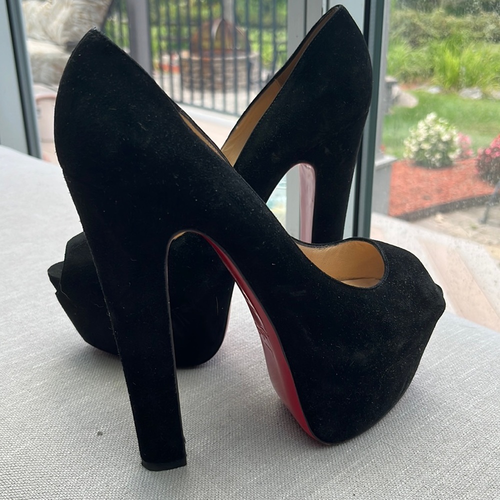 Authentic Christian Louboutin black suede 7 1/2 inch heels
